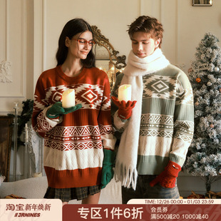 打底衫 潮牌秋冬新款 毛线衣 针织衫 FORNINES圣诞红色毛衣男女情侣装