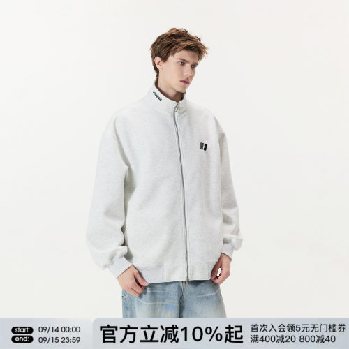 FORNINES刺绣立领拉链开衫灰色卫衣男女潮牌春秋情侣休闲通勤外套