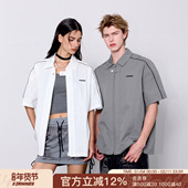 FORNINES刺绣设计感拉链短袖 灰色衬衣 潮牌夏季 衬衫 男女小众半截袖