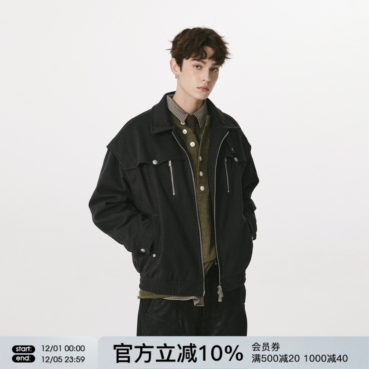 FORNINES复古翻领毛呢外套男款潮牌秋冬季情侣宽松呢料工装夹克女