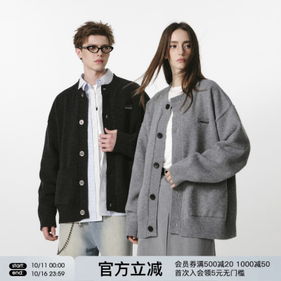 FORNINES慵懒松弛感含羊毛圆领针织开衫男女秋冬宽松休闲毛衣外套