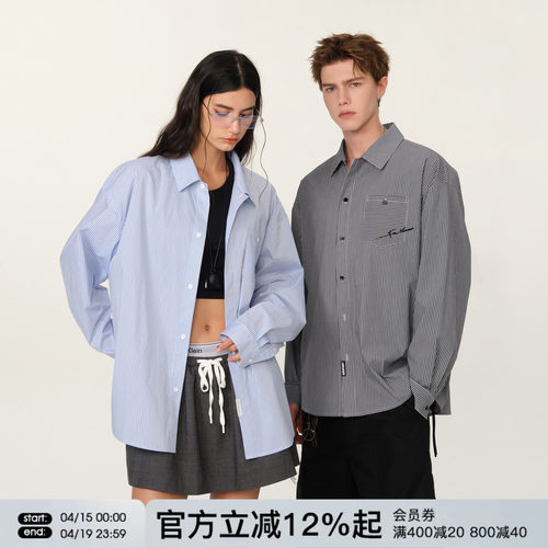 FORNINES刺绣竖条纹蓝色长袖衬衫男女情侣装上衣潮牌春季休闲外套