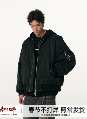 FORNINES极简黑色夹克棉衣男秋冬连帽棉服宽松休闲工装外套女棉袄