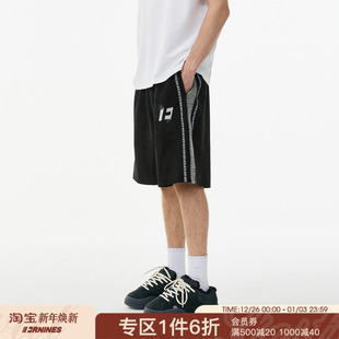 休闲裤 潮牌夏季 子 男生宽松直筒五分裤 FORNINES麂皮绒拼接刺绣短裤