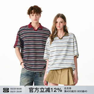 宽松半袖 FORNINES撞色条纹短袖 上衣夏季 男女情侣装 翻领T恤 POLO衫