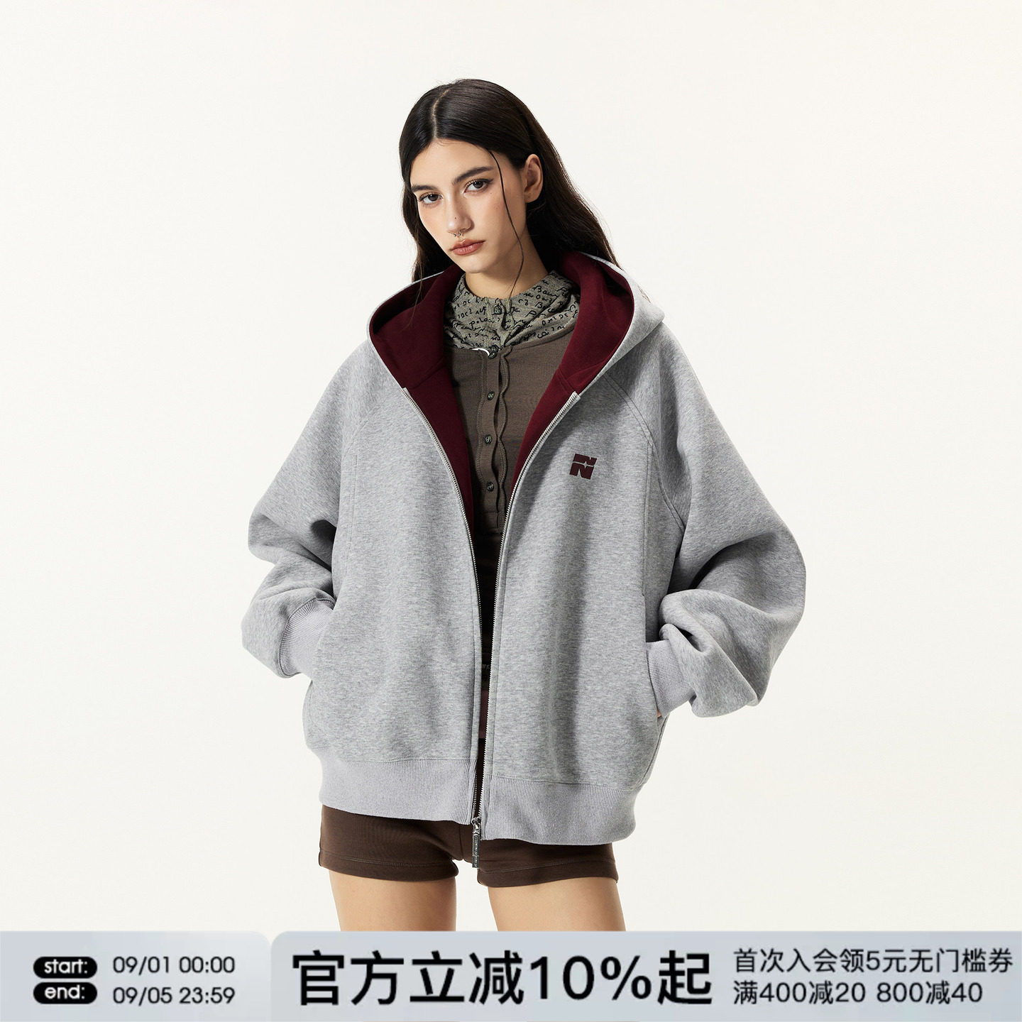 FORNINES微短款撞色刺绣双拉链开衫卫衣男女潮牌情侣连帽通勤外套图片