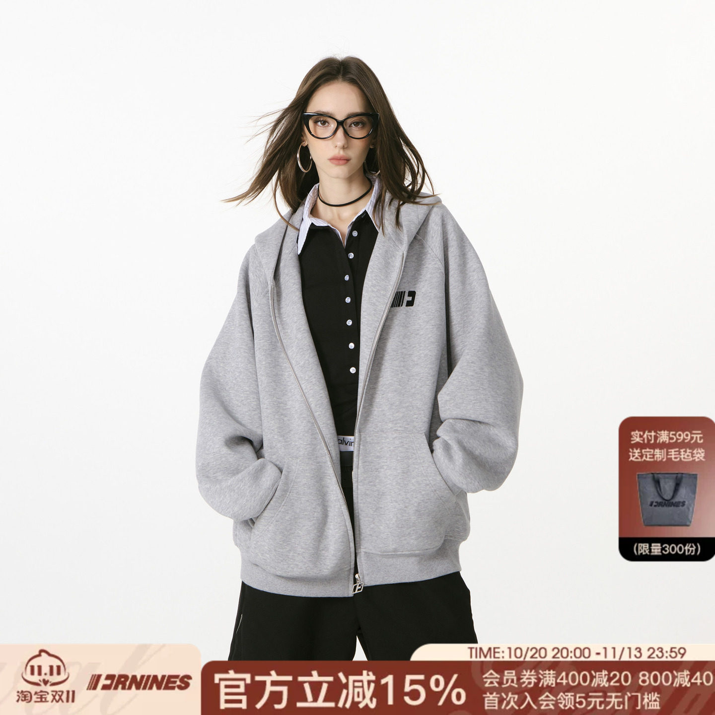 FORNINES刺绣连帽拉链开衫灰色卫衣男女潮牌春秋重磅加绒情侣外套