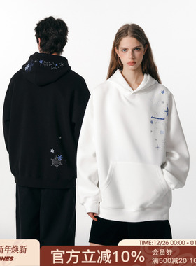 FORNINES雪花刺绣加绒卫衣男潮牌情侣装重磅连帽衫秋冬加厚外套女