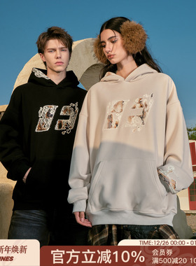 FORNINES火熔蕾丝贴布刺绣加绒卫衣男女情侣重磅连帽衫秋冬厚外套