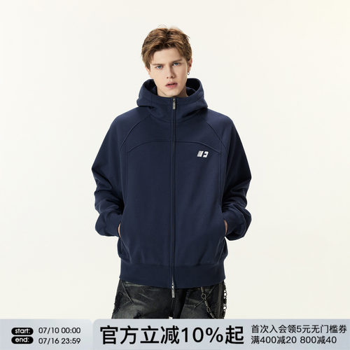 FORNINES双拉链重磅微短款刺绣开衫卫衣男女潮牌连帽高领春秋外套