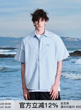 FORNINES刺绣logo纯棉蓝色短袖衬衫男女情侣上衣潮牌夏季美式半袖