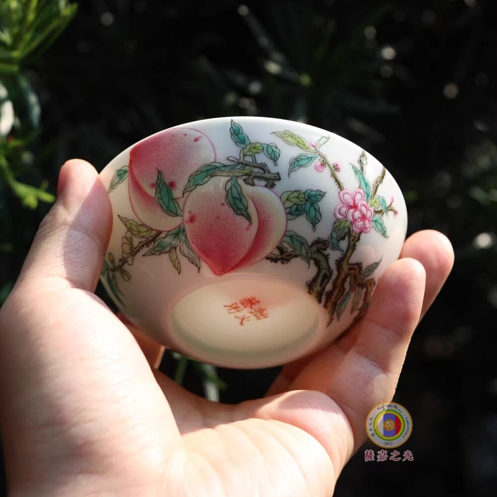 景德镇全手工古釉手绘宫廷粉彩寿桃主人杯品茗杯功夫茶具单杯瓷器