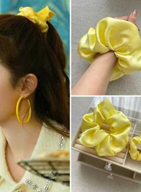 刘亦菲黄奕同款真丝发圈鹅黄色气质高级感大肠圈网红韩版纯色发绳