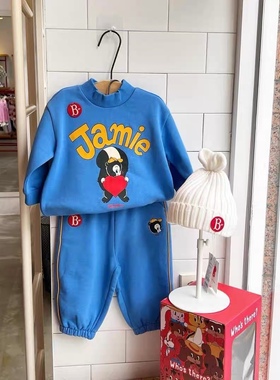 加绒！现货！韩国男女童幼儿园蓝色松鼠小高领卫衣卫裤运动套装