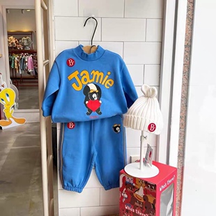 加绒！现货！韩国男女童幼儿园蓝色松鼠小高领卫衣卫裤运动套装