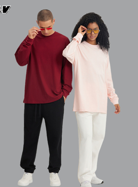 230g日系美式重磅厚长袖T恤男女纯棉宽松ins大码纯色白色打底衫潮