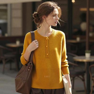 2026春季新款气质淑女风黄色圆领纽扣长袖高级感简约百搭针织上衣