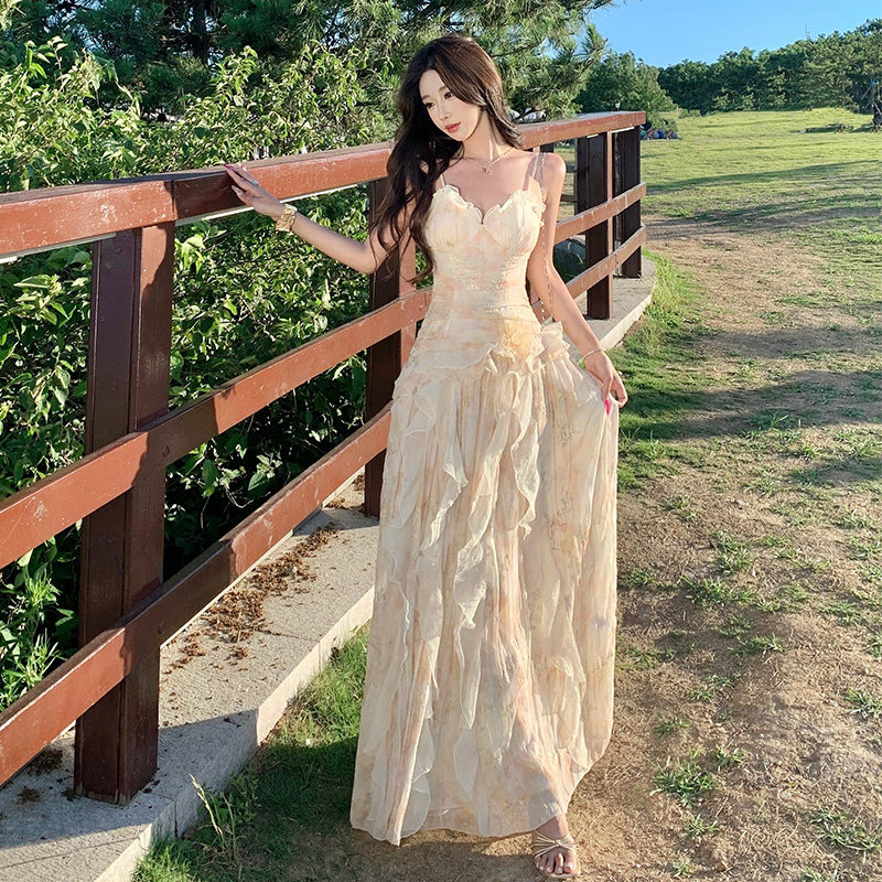 高级感重工礼服裙生日礼服浪漫刺绣印花吊带荷叶边连衣裙仙女长裙