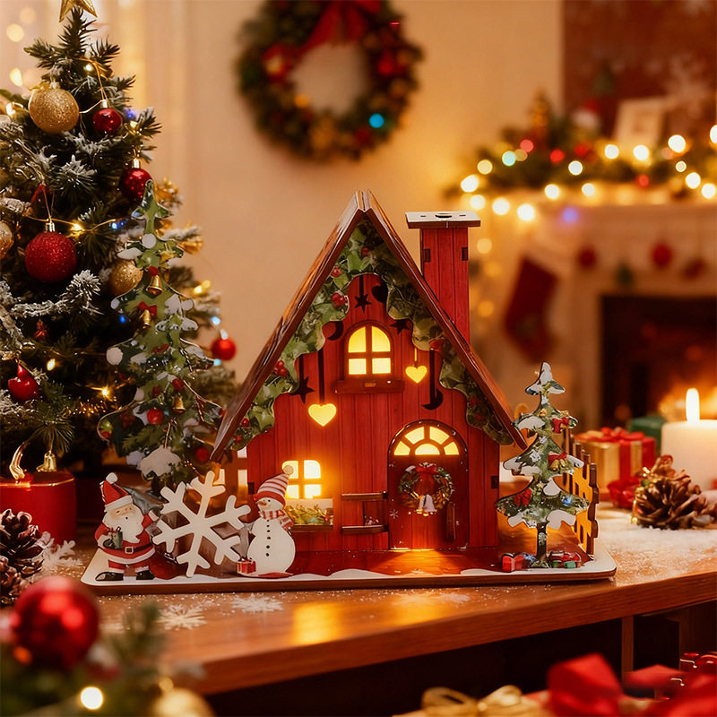 跨境木质3D立体拼图拼装玩具圣诞房子装饰模型场景造景摆件礼物