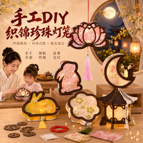 中秋节宋锦灯笼手工diy木质发光手提兔子宫灯手作礼物织锦花灯