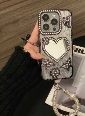 蝴蝶水钻镜子适用iphone16新款高级感13pro闪粉镜面12镜子保护套11带水钻手链