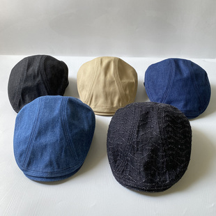 外贸蓝色鸭舌帽男士春夏复古贝雷帽女日系水洗牛仔布英伦风前进帽