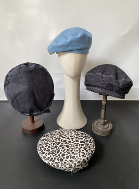 外贸清仓库存牛仔水洗蓝色方扣装饰贝雷帽洋气蓓蕾帽韩系帽子女