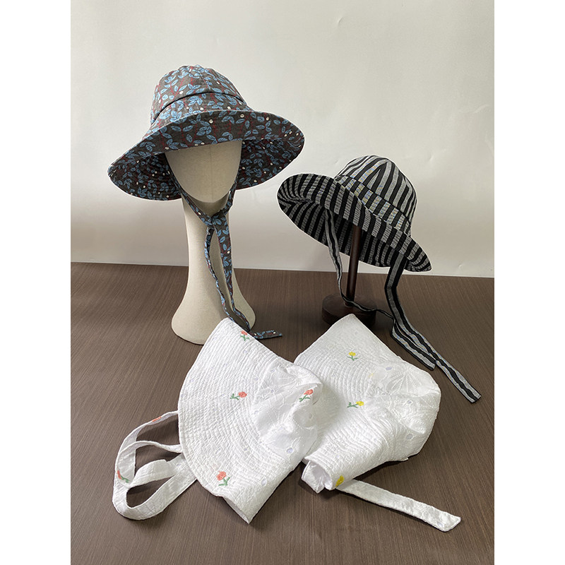外贸清仓卷边绣花甜美圆顶大檐绑带渔夫帽休闲出游春夏遮阳帽盆帽