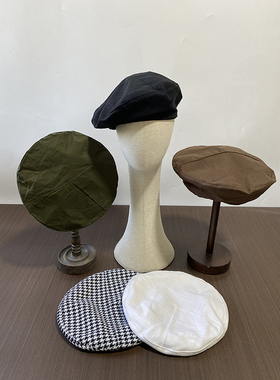 外贸精品亚麻面料贝雷帽时尚百搭千鸟格画家帽逛街百搭复古蓓蕾帽
