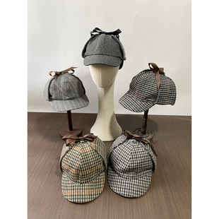 外贸清仓保暖护耳帽高档双舌头鸭舌帽子格子猎鹿帽福尔摩斯侦探帽