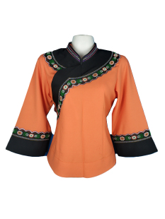 少数民族风布依族女上衣素净彝族服装藏族服饰壮族旅游舞蹈服橘色