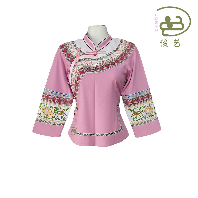 2022夏季新品少数民族服装女装上衣淑女修身布依族衣壮族浅藕色衣