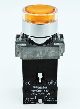 施耐德22mm 黄色LED按钮开关 XB2BW35M1C 1N0 常开带灯开关220VAC