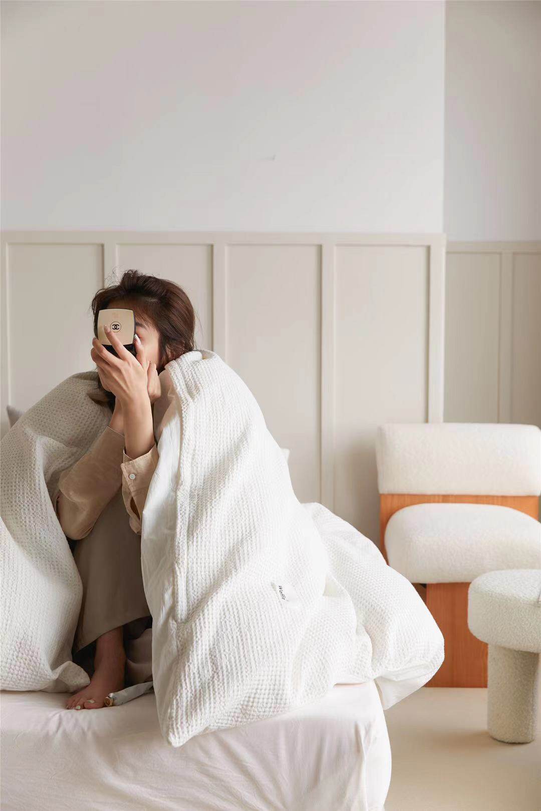 【斯蒂芬】水洗棉华夫格ab面床上全棉四件套几何白色可改床笠