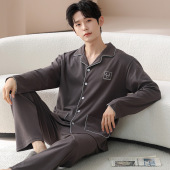 长裤 长袖 翻领开衫 简约休闲风大码 新款 家居服套装 纯棉睡衣男春秋季