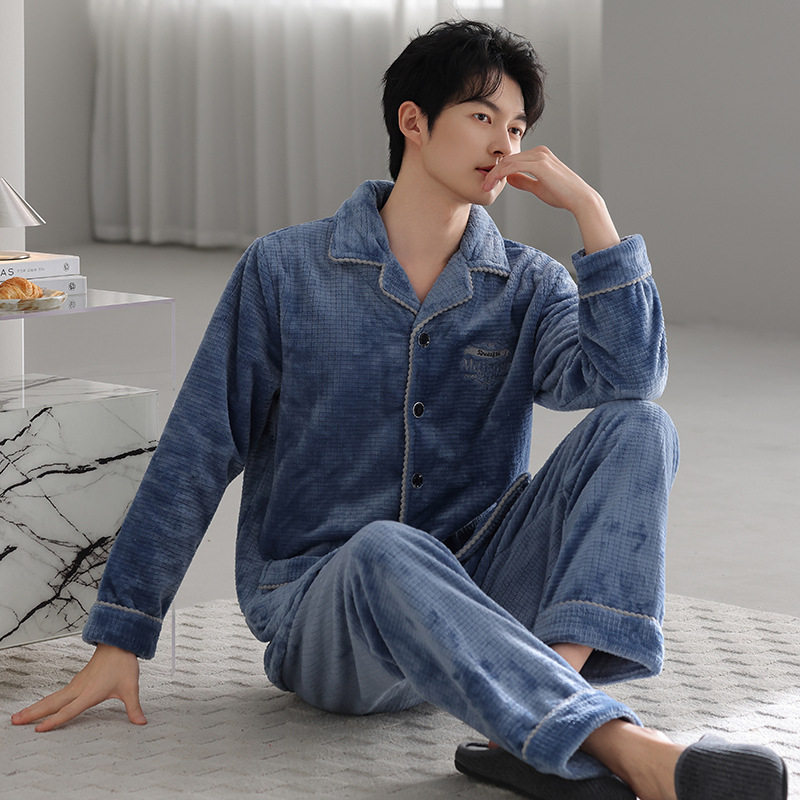 睡衣男冬法兰绒保暖简约冬季开衫珊瑚绒男款家居服加绒加厚可外穿