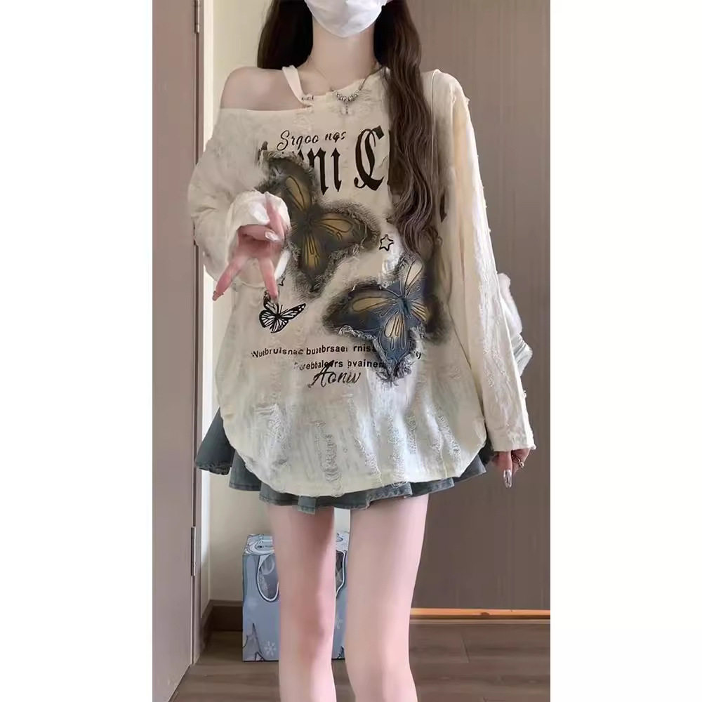 原版破洞布春秋宽松慵懒破洞复古毛针织衫