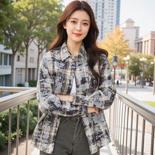 新款印花格子衬衫女春秋美式扎染复古宽松休闲感格纹长袖上衣