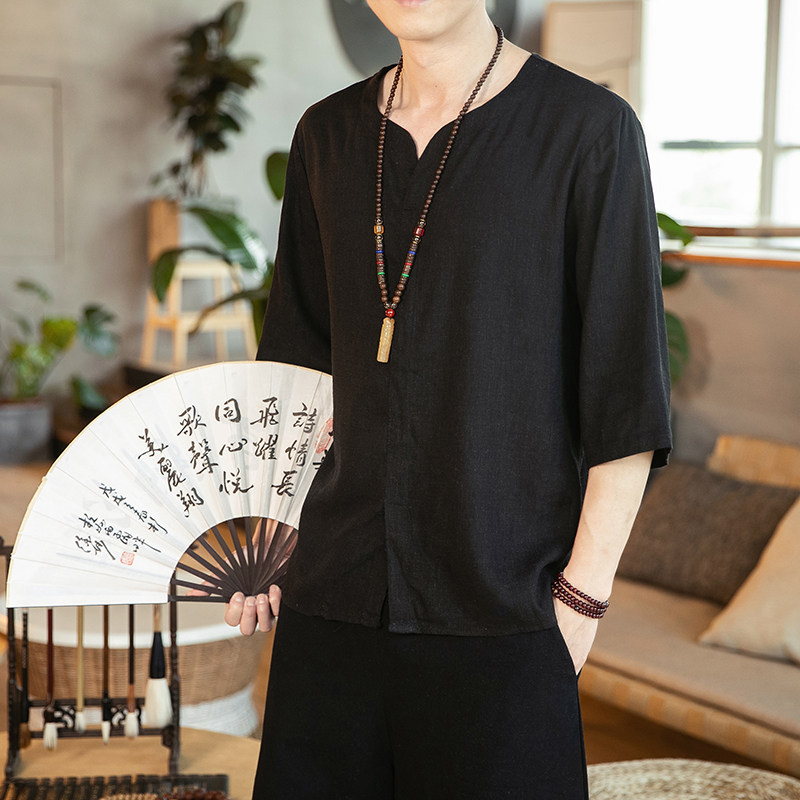 春夏新款竹节棉麻纯色休闲宽松七分袖风大码百搭T恤T734,男装T恤,电商A021A