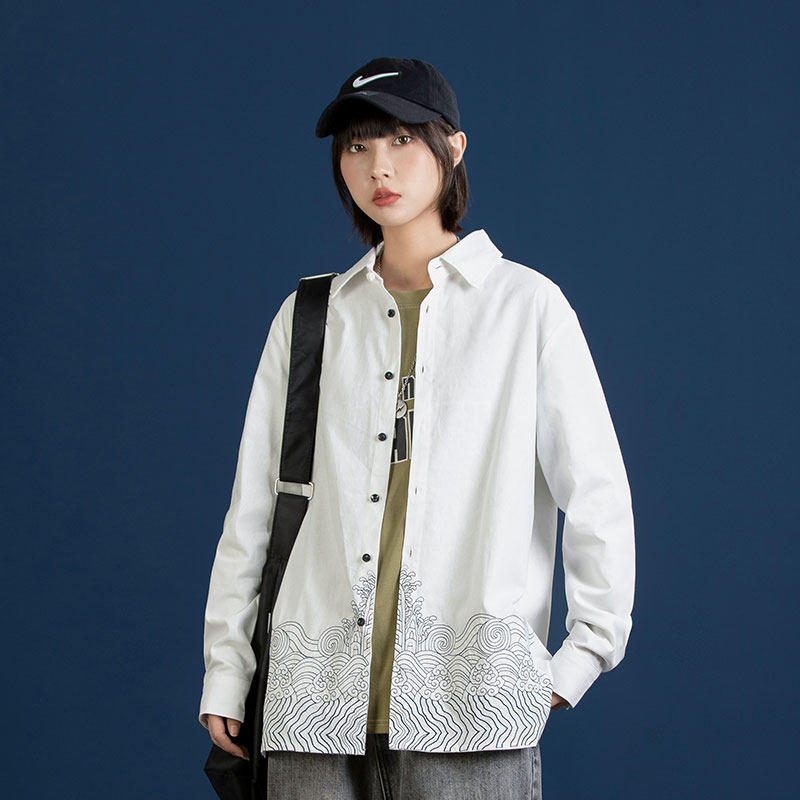 2021春季新原创海浪刺绣衬衫中性风大码长袖情侣休闲上衣CS62,男装衬衫,电商A021A
