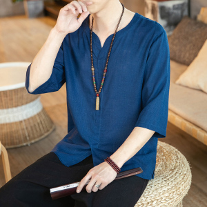 春夏新款竹节棉麻纯色休闲宽松七分袖风大码百搭T恤T734图片