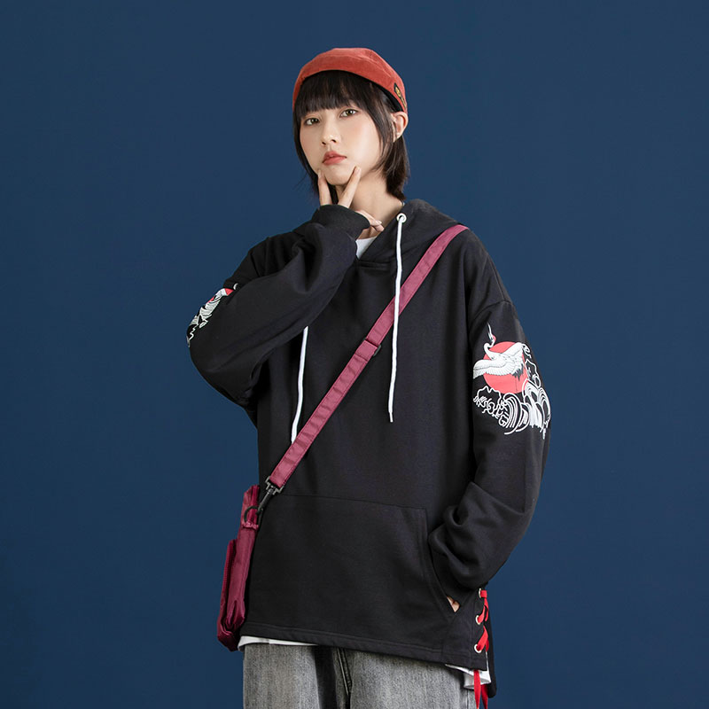春季新款套头连帽仙鹤印花中性风情侣宽松休闲卫衣潮WZ01,男装卫衣,电商A021A