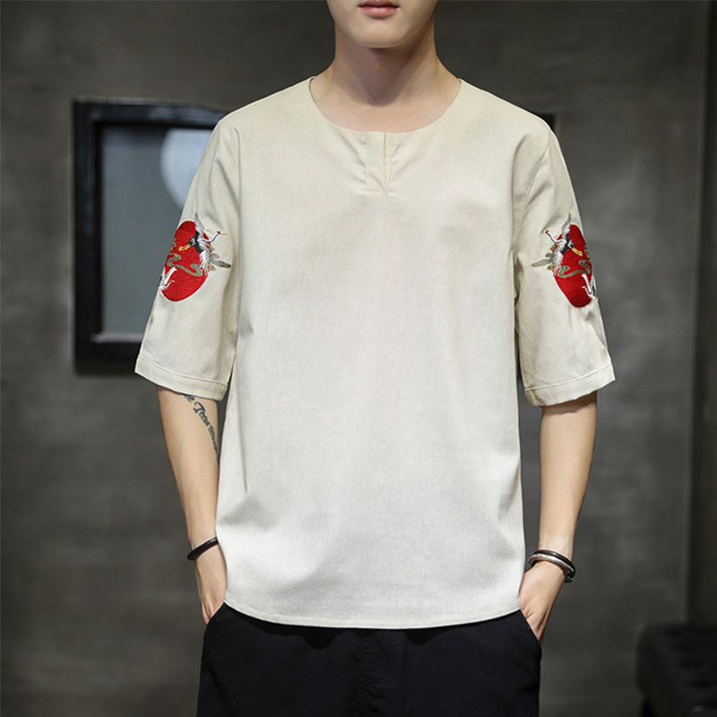 春夏现货亚麻原创仙鹤刺绣休闲五分袖风大码半袖T恤TZ81A，男装T恤，电商A021A
