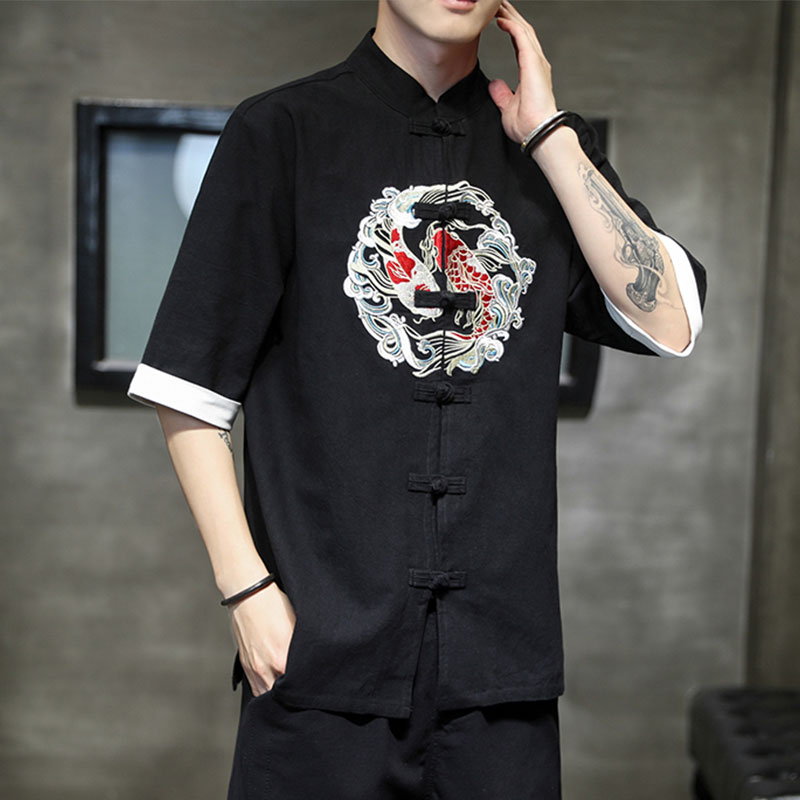 春夏风棉麻短袖原创如鱼得水锦鲤绣花领五分袖衬衫TZ82A,男装衬衫,电商A021A