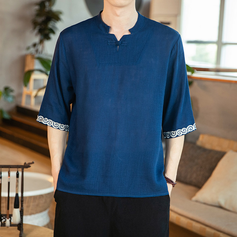 春夏新款风竹节棉麻亚麻云纹七分袖透气深V领盘扣T恤T732,男装T恤,电商A021A
