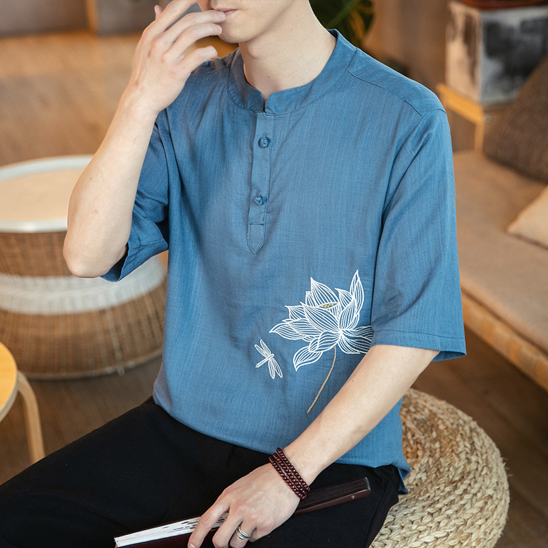 春夏风大码T恤竹节棉麻透气短袖荷花刺绣五分袖盘扣T512,男装T恤,电商A021A