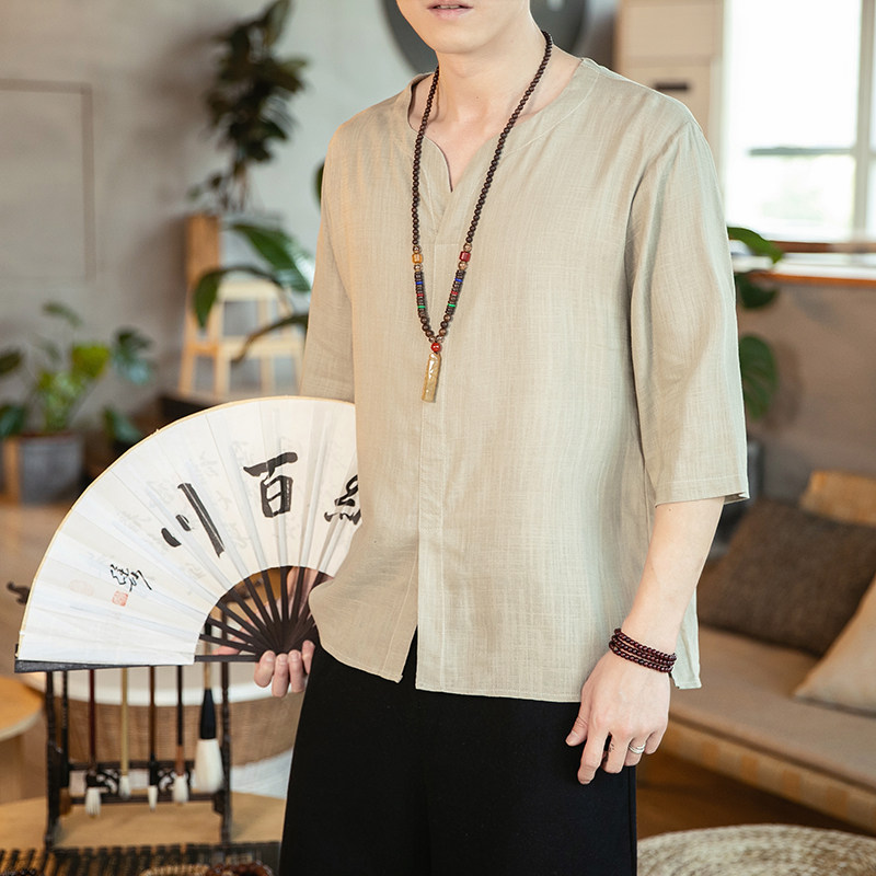 春夏新款纯色休闲百搭竹节棉麻宽松七分袖风大码T恤T734图片
