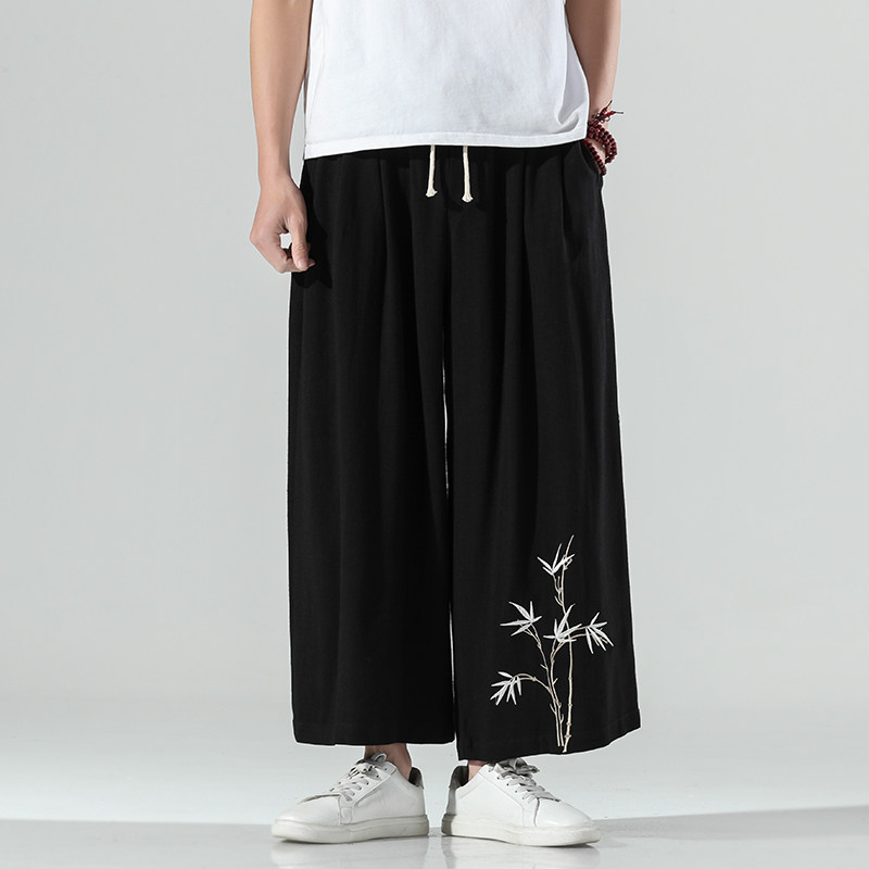 夏季新薄款风君子竹刺绣阔腿裤大码亚麻汉服宽松长裤C图片