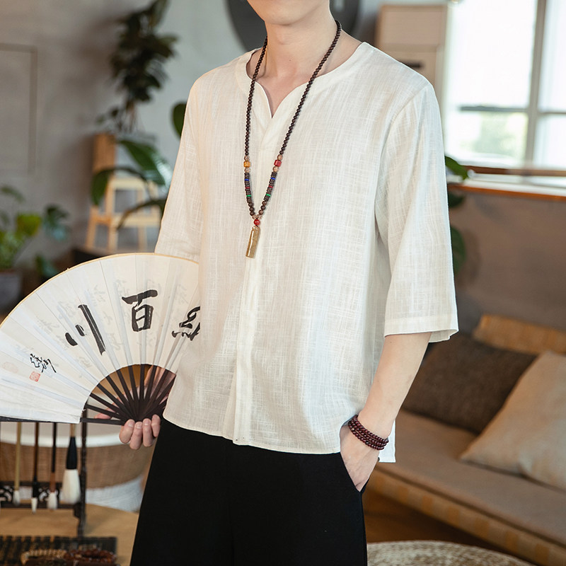 春夏新款竹节棉麻纯色休闲宽松七分袖风大码百搭T恤T734,男装T恤,电商A021A