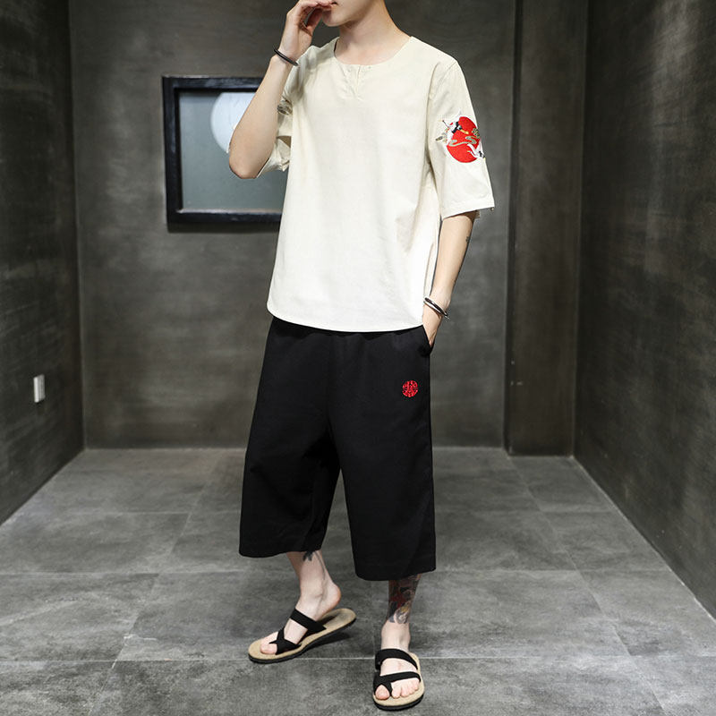 春夏现货风大码休闲原创仙鹤刺绣半袖透气五分袖套装TZ81,男装休闲套装,电商A021A